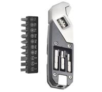 Multi-Function Adjustable Wrench with Screwdriver Bits, Compact Stainless Steel Pocket Tool for Camping and Travel, Includes 10-Piece Bit Set in Black Silver