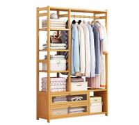 Multi-function Bamboo Open Wardrobes with Rod and Storage Shelves Double Drawer,Bamboo Clothes Rail for Hanging Clothes,Clothing Storage Organiser Stand for Bedroom Entryway Office