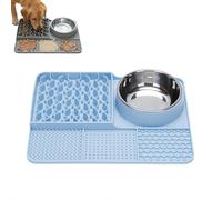 Multi-Function Dog Food Mat,Silicone Slow Feeder Dog Lick Mats with Bowls for Small Dogs Cats,Anxiety Relief, Pet Mats for Food and Water to Prevent Spills, Enrichment Toy for Bath & Grooming (Blue)