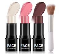 Multi-Function Face Stick for Cheeks & Face - Creamy Blush Bronzer Highlighter Contour Makeup Kit in Light Pink, Deep Burgundy & Soft Pink Shades with Glitter, Complete with a Dense Tapered Bristle