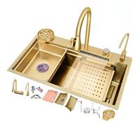 Multi-Function Kitchen Sink with Waterfall Faucet, 304 Stainless Steel Single Bowl Sink in Black, Gold, White - Complete Accessories Included-Golden-75x45cm