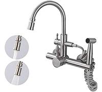 Multi-Function Kitchen Taps Wall Mounted Contemporary Kitchen Faucet Wall-Mounted hot and Cold Faucet 360 ° Vegetable Washing Faucet with Spray Gun Kitchen Sink 304 Stainless Steel Brushed-B