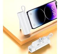 Multi-Function Portable Charger With Built in Cable, Sleek Mini Power Bank with LED flashlight, Lightning+ Type-c output, Quick Charge for iPhone Samsung Pixel iPad (White, Milliamp Hours, 5000)