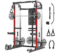 Multi-Function Power Cage, Power Rack with Dual Independent Pulley System, 2000LB Capacity Workout Cage with Adjustable Cable Crossover System and Training Attachment, Squat Rack for Home Gym, Red