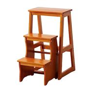 Multi function Wooden 3 Step Ladder Chair with Storage Portable Home Display Stand and Flower Stand Space Saving Foot Stool for Home & Library Use Supports up to 100 KG (Orange)