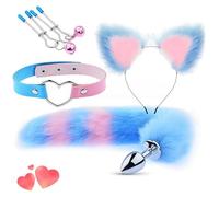 Multi Functional 4-Piece Blue Combination Plush Cat Hat, Fox Tail Clothing Accessory, With Blue Leather Necklace - D40-Uk