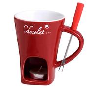 Multi-Functional Ceramic Fondue Mug, Chocolate Fondue Mug Set with Fork and Tealights, Fondue Warmer Melting Cup for Cheese, Hot Chocolate, Candy, Butter (Red)