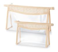 Multi-Functional Cosmetic Bag Grass Woven SplicedWaterproof Transparent PVC Makeup Bag Travel Toilet Carrying Case Multiple Sizes(S)