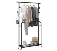 Multi-Functional Double Rod Clothes Rack with Wheels Metal Coat Hanger with Shelves & Hooks Portable Bedroom Closet nizer - Black 31.5 Inch/80 cm