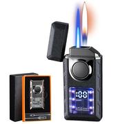 Multi-Functional Dual Flame Lighter with Colored Lights, Smart Induction Direct Burning, Adjustable Flame Refillable Butane Lighter Gift for Men (Black02)