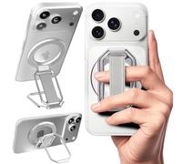 Multi-Functional Magnetic Phone Grip Kickstand for MagSafe, Phone Holder for Hand, Foldable Ring Stand with Finger Loop Strap for Bedtime Scrolling & On-the-Go, Wireless Charging Compatible, Silver
