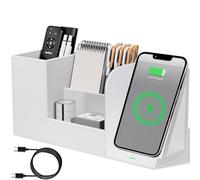 Multi-Functional Pencil Holder for Desk, Desk Organizers and Accessories with 4 Compartments for Office Art Supplies,Desk Phone Stand Charger for Desktop/Counter,Wihte Office Storage for Pens, Keys