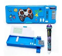 Multi-Functional Pop Up Pencil Case, Game Console Design Stationery Box with Magnetic Closures, Built-in Calculator & Sharpener, 10-Color Retractable Pen, Hard Shell Pencil Case for School Office