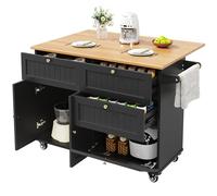 Multi-Functional Rolling Kitchen Island Cart with Adjustable Tabletop Flip Door Cabinet Drawers Towel Rack Metal Handles Portable Storage Trolley on Wheels (Black)