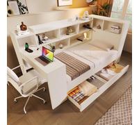 Multi-Functional Single Daybed with Bookcase & Computer Desk, Space-Saving Bed Frame with Ergonomic Desk, 63L x 114W x 100H cm, White Aosom UK