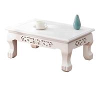 Multi-Functional Small Tea Table Creative Solid Wood Flower Carving Simple New Chinese Design Short Coffee Table for Living Room White 80x50x30cm