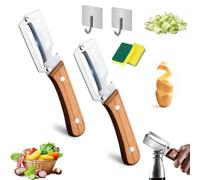 Multi-Functional Vegetable Peeler for Kitchen, 2-in-1 Stainless Steel Julienne Peeler with Wooden Handle and Bottle Opener, Easy Veg Peelers for Potato, Apple, Carrot & Fruit (2 * Wooden)