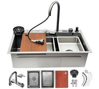 Multi-Functional Waterfall Sink13-Piece Stainless Steel Kitchen Sink Set with Digital Display Pull-Out Faucet Single Bowl Workstation Cup Washer and Control Knobs(Color:Grigio,Size:75x45cm)