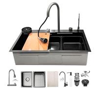 Multi-Functional Waterfall Sink13-Piece Stainless Steel Kitchen Sink Set with Digital Display Pull-Out Faucet Single Bowl Workstation Cup Washer and Control Knobs(Color:Black-Grey-B,Size:68x45cm)
