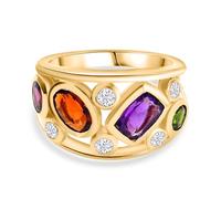 Multi Gemstone Cluster Ring for Women - Amethyst, Citrine, Garnet, Peridot & White Zircon in 18K Yellow Gold Vermeil Plated Sterling Silver - Vibrant Bezel-Set Statement Ring - Size N