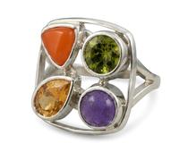 Multi Gemstone Statement Ring in White Rhodium Plated Silver, Faceted Peridot Amethyst Citrine Carnelian, Bezel Set Round Pear Trillion Cut Multicolor Cocktail Ring M1/2,53(16.9)