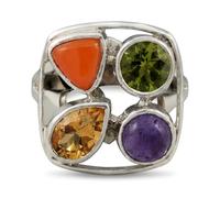 Multi Gemstone Statement Ring in White Rhodium Plated Silver, Faceted Peridot Amethyst Citrine Carnelian, Bezel Set Round Pear Trillion Cut Multicolor Cocktail Ring L1/2,52(16.60)