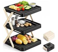 Multi-Layer Dish & Prep Tray Storage Rack, Foldable Kitchen Organizer with 3-Tier Vertical Plate Organizer,Space-Saving Vertical Food Rack,Multifunctional Storage Rack for Parties, Kitchen (Black)