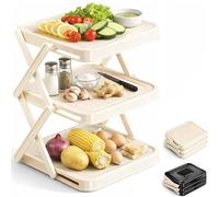 Multi-Layer Dish & Prep Tray Storage Rack, Foldable Kitchen Organizer with 3-Tier Vertical Plate Organizer,Space-Saving Vertical Food Rack,Multifunctional Storage Rack for Parties, Kitchen (White)