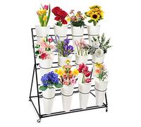 Multi-Layer Metal Flower Display Stand with 12 Buckets Rolling Plant Stand on Wheels Heavy Duty 3-Tier Plant Holder for Indoor/Outdoor Gardening Durable Floral Organizer