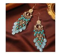 Multi layered Water Drop Rice Beads Tassel Earrings Female Creative Retro Palace Ethnic Style Earrings(Lake Blue)