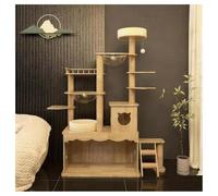 Multi-Level Cat Tree with Spacious Storage Crate 2 Space Pods Solid Wood Cat Tower with Stairs Openwork Bed Fenced Lookout Platform Rotating Jumping Platform Suitable for Short-legged Cats to Climb
