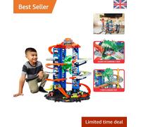 Multi-Level Racetrack Garage Playset with 91cm Moving T-Rex - 2 Cars Included