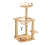 Multi-Level Wooden Cat Tree Tower with Space Capsule, Sisal Scratching Posts, Interactive Toys, Guardrail Lookout, Cat Accessories(Small)