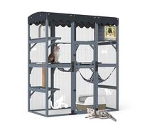Multi-Level Wooden Catio Outdoor Cat Enclosure with Water-Resistant Roof | 159×83×182cm | Weather-Resistant Wood & Steel Mesh | Walk-in Door | 7 Accessories | Window-Connectable | Indoor/Outdoor Use