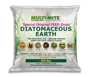 MULTI-MITE 5KG Bag Feed Grade Diatomaceous Earth DE Powder for Dogs Cats Poultry Animal Bedding & Housing Pet Areas, Stables, Gardens. 100% Natural Highly Absorbent & Desiccating DEFRA Registered
