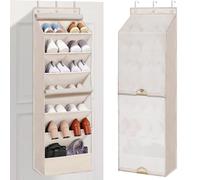 Multi Over-the-Door Shoe Organizer With Cover,7-Tier Dust-Proof Hanging Clothing Storage With 8 Large Deep Pockets, Space-Saving Shoes Holder For Closet Dorm,3 Hooks (Beige 7-layers with curtain)