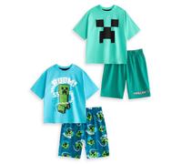 Minecraft Creeper Boys Multi-Pack of 2 Short Sleeve Pyjama Sets | Blue & Green Cartoon PJs | Short Leg Sleepwear | BOOM Graphic Design | Gamer Apparel for Kids Merch - 7-8 Years