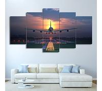 Multi Panel Wall Art 5 Piece Print On Canvas Pictures Sunset Airplane Lawn Airport Poster Paintings Art Print Images Modern (With Frame 200 X 100 Cm) Living Room Hotel Restaurant Office Home -4C8P/E9