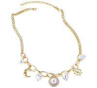 Multi-Pendant Charm Necklace, Gold Plated Retro Necklace With Moon & Pearl, Statement Diy Jewelry For Women