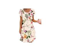 Multi-Plant Floral Print Cascade Dress, Women Floral Dress, Womens Dresses Casual (Beige,3XL)