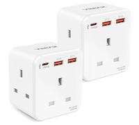 Multi Plug Adaptor with PD 20W Fast Charge USB C and 2 USB A, VINTAR 3 Way Adapter Plug UK Extension Socket, 13A Double Plug adapter UK for Bedroom, Office, Kitchen, White 2-pack