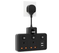 Multi Plug Extension 2 Way with Individual Switch, Extension Lead with 2 USB-A & 2 USB-C Slots, 6 in 1 Socket Plug Extension Adapter with Adjustable Night Light, 250V/13A, Black