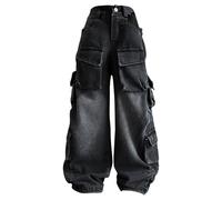 Multi Pockets Cargo Jeans for Teen Girls Trendy Denim Baggy Loose High Waist Wide Leg Long Pants Kids Stretchy Elastic Cargo Pants for Girls 14-16 Kids Pants Girls Jeans(Black, 11-12 Years)