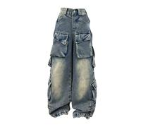 Multi Pockets Cargo Jeans for Teen Girls Trendy Denim Baggy Loose High Waist Wide Leg Long Pants Kids Stretchy Elastic Jean Shorts Size 12 Girls Skinny Girl Jeans Ripped(Blue, 9-10 Years)