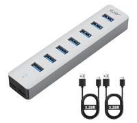 Multi Ports USB3.0 HUB,Extra Power Supply Port,3.3FT(1M) Long Data Cable and 3.3FT(1M) Long Power Cable,Aluminum 5Gbps High Speed USB Splitter,Multi Port Extender Hub for PC, Laptop, Mac,etc (HA-7U)
