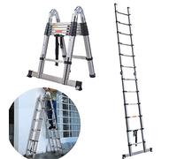 Multi-Purpose 3.8M Stainless Steel Portable Telescopic Ladder DIY Extendable A-Frame Ladder & Straight Ladder Extension Steps Ladder Max 150KG Capacity (1.9m+1.9m)