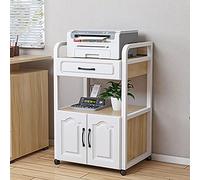 Multi-Purpose Desktop Printer Stand Shelf Organzier,Wood Printer Shelf with Locking Casters,Cart Printer Table with drawers and file cabinet,for Home Office(White/brown,H89cm/35in)