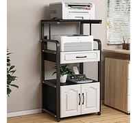 Multi-Purpose Desktop Printer Stand Shelf Organzier,Wood Printer Shelf with Locking Casters,Cart Printer Table with drawers and file cabinet,for Home Office(Black,H112cm/44in)