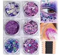 Multi-Purpose Festival Glitter Gel with Brushes - Chunky Mermaid Sequins and 6 Shapes Holographic Glitter for Face Paint, Hair, Body and Nails, Creative Party Rave Makeup Kit for Women
