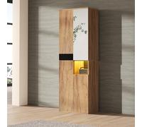 Multi-Purpose High Cabinet with Mirror - 4 Doors & Open Storage, Versatile Bookshelf & Wardrobe, Stylish nizer in Natural & Black - 65x35x190 cm